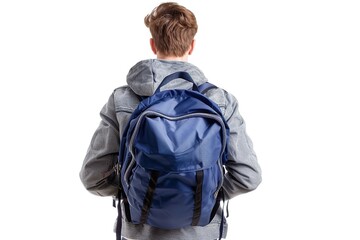 Fototapeta premium Back view of active young man with backpack isolated on white background