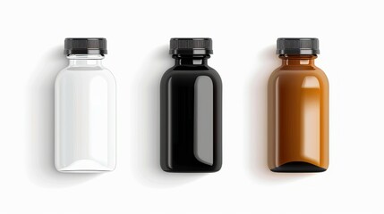 A mockup featuring black, white, and amber bottles isolated on a white background. Suitable for various purposes such as medical, cosmetic, and food packaging. Rendered in vector illustration.