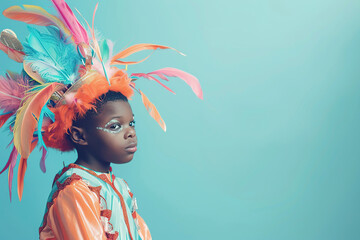 Cute african boy in carnival clothes on blue background. Celebrating carnival. - Powered by Adobe