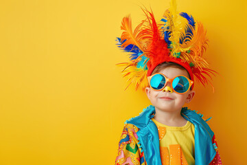 Cute boy in carnival clothes on yellow background. Celebrating carnival.