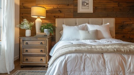 Inviting Bedroom Showcasing Rustic Elegance and Cozy Atmosphere.