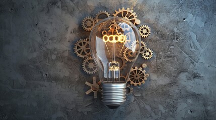 A light bulb adorned with gears and cogs working together, symbolizing innovation and the synergy between creativity and technology.