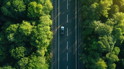 view from above, car driving on highway from the air with trees in tropical forest.