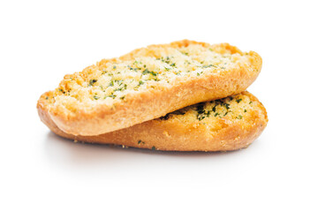 Garlic crisp bread Slices Topped With Herbs isolated on white background.