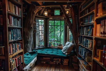 A room filled with numerous books stacked on shelves, with a window letting in natural light, A cozy reading nook surrounded by towering bookshelves