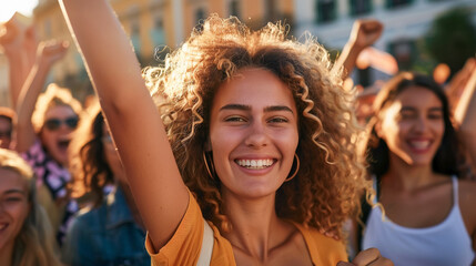 Woman raising her fist is a women's protest for rights and equality, feminist day.