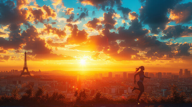 Woman running at sunset with Eiffel Tower in background.