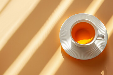 Cup of tea on a beige surface with sunlight casting striped shadows, copy space