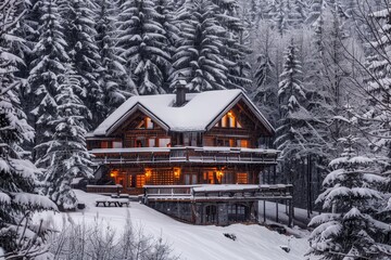 A house surrounded by snow-covered trees in a forest setting, A cozy ski lodge nestled among the trees