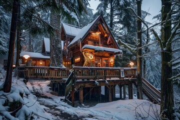 A cabin surrounded by snow-covered trees in a winter forest setting, A cozy ski lodge nestled among the trees