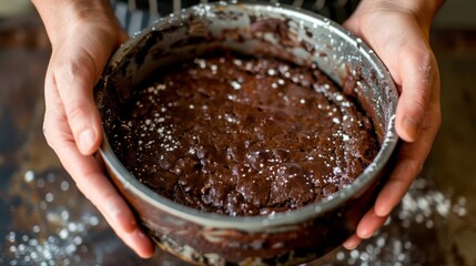   A tight shot of a hand holding a pan with a chocolate cake inside, adorned with sprinkles at the base