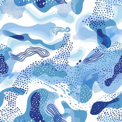 Seamless abstract pattern with flowing shapes filled with dots and lines in blue, light blue and white colours. Like a water surface. Repeating pattern for background, textile, design, print, poster, 