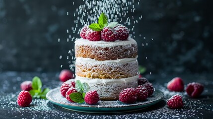   A cake on a plate, topped with raspberries and sprinkles