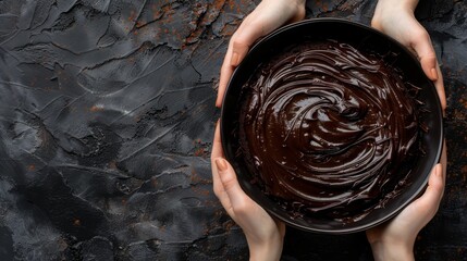   A person holds a bowl of chocolate before a black surface, using both hands to steady it