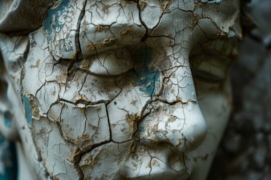 A close-up of a weathered statue showing the cracked and crumbling face of a man, A cracked and crumbling statue symbolizing a fallen economy