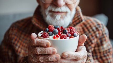   An old man holds a bowl of cereal topped with berries and raspberries