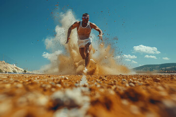 A male athlete running in front on a dirt and dust track