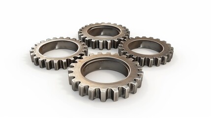 A top view of three metal gears isolated on a white background, representing teamwork and cooperation in business endeavors. Presented in a 3D render.