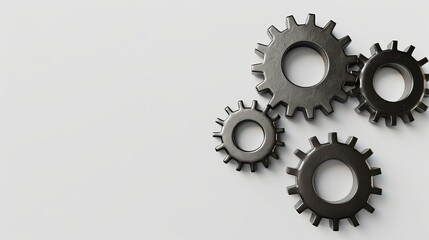 A top view of three metal gears isolated on a white background, representing teamwork and cooperation in business endeavors. Presented in a 3D render.