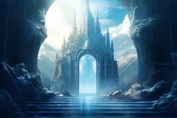Fototapeta premium Enchanting Icy Castle Entrance with Luminous Sunlight and Majestic Towers. Generative AI