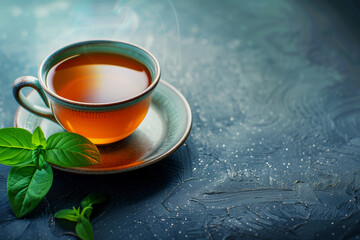 Steaming cup of herbal tea with fresh basil leaves on a textured blue background with copy space..