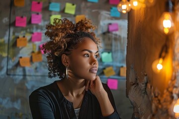 Creative business woman brainstorming new ideas while sitting in front of a wall entirely covered in colorful post it notes, A creative business woman brainstorming new ideas for her company