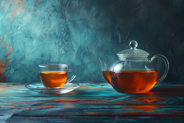 Glass teapot and cup of tea on colorful textured table with blue background