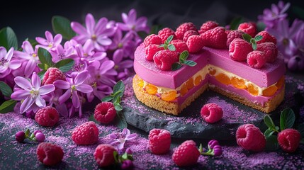   A delicious dessert featuring a sponge cake topped with fresh red raspberries and surrounded by vibrant purple flowers