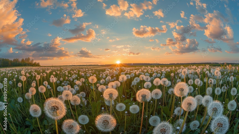 Wall mural a field of dandelions is in full bloom, with the sun setting in the background