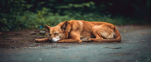 A Dog Sleeps Peacefully On A Road In The Green Natural Environment, Embodying Tranquility And Serenity, Background