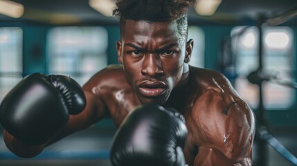  Black man practicing boxing sport, person is focused and enjoying the sport, sports photography, generative ai
