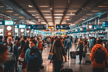 Crowded airport terminal with travelers walking towards departure gates, A crowded airport terminal filled with travelers hauling luggage and looking for their gates