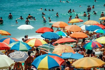 Large group of people gathered on a beach, each under a colorful umbrella, enjoying the sunny day, A crowded beach dotted with colorful umbrellas and sunbathers