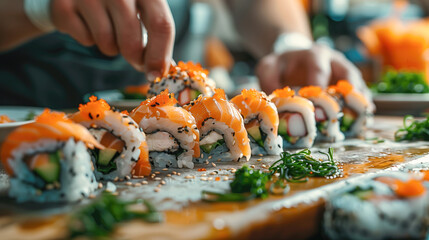 hand preparing sushi rolls