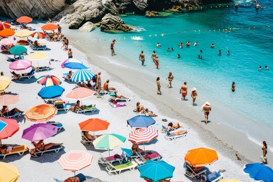 A beach packed with colorful umbrellas on a sunny day, creating a vibrant and lively atmosphere among beachgoers, A crowded beach dotted with colorful umbrellas and sunbathers