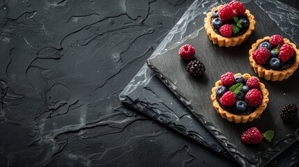   Three tarts topped with raspberries and blackberries on a black slate platter