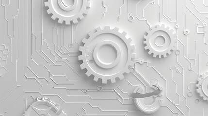 Abstract futuristic vector illustration featuring a 3D white paper gear wheel on a circuit board background. Symbolizes hi-tech engineering and technology advancements.