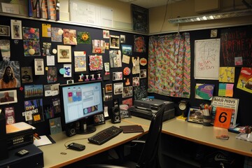 Fototapeta premium A desk in an office setting with a computer and a printer placed on top, surrounded by photos and inspirational quotes, A cubicle decorated with photos and inspirational quotes