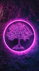 Vibrant purple neon tree on rugged wall - An ethereal purple neon tree takes center stage against a rugged, textured background, emanating a mystical allure