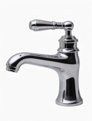 "Faucet on transparent "A chrome-plated metal water tap, used for bathroom and kitchen sinks, is depicted in a side view and isolated on a white background.png