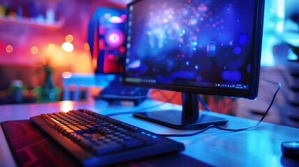 An LCD monitor paired with a keyboard, focusing on a small depth of sharpness, set against a neutral background