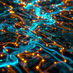 Neon-lit digital pathways in shades of amber and ice blue, illustrating complex data interactions in a virtual environment.