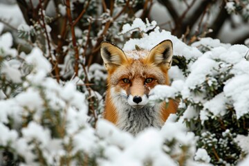 Obraz premium A curious fox emerges from snowy forest, looking directly at the viewer, A curious fox peeking out from behind a bush in a snowy winter landscape