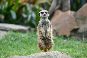 Fototapeta premium A curious meerkat stands on hind legs atop a rock, scanning the surroundings, A curious meerkat standing alert on its hind legs