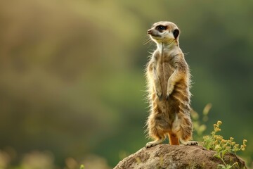 A curious meerkat stands alert on its hind legs on top of a rock, A curious meerkat standing alert on its hind legs