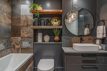 Bathroom with gray marble tile walls, plants, and a dark vanity with a white sink. Minimal simple interior modern