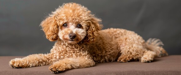 A Little Curly Peach-Brown Poodle Dog Relaxes On A Brown Surface, Showcasing Its Adorable Appearance, Background