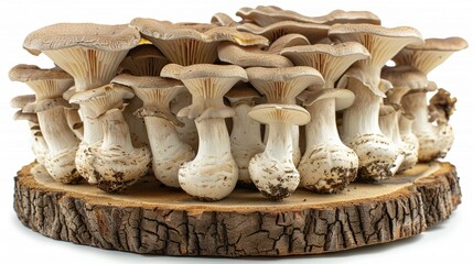   A cluster of fungi resting atop wooden plank on top of another wooden panel against a white backdrop