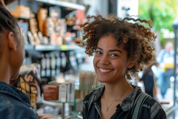 A customer service agent smiles while engaging in conversation with another woman, A customer service agent smiling while assisting a customer in person