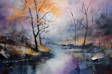mystical river near cottage. abstract landscape painting, generative ai